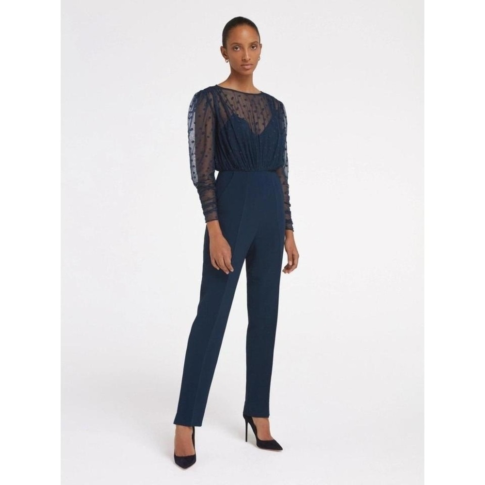 Saloni Bernadette Jumpsuit in Navy Blue Size 2 Sheer Embroidered Dot Chic Sexy - Picture 2 of 8